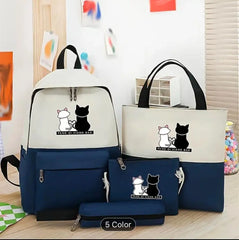 Cat Print 4-Piece Pink Backpack Set for Students Office
