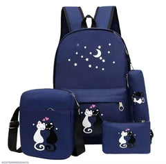 Black Cat Print 4-Piece Backpack Set for Girls