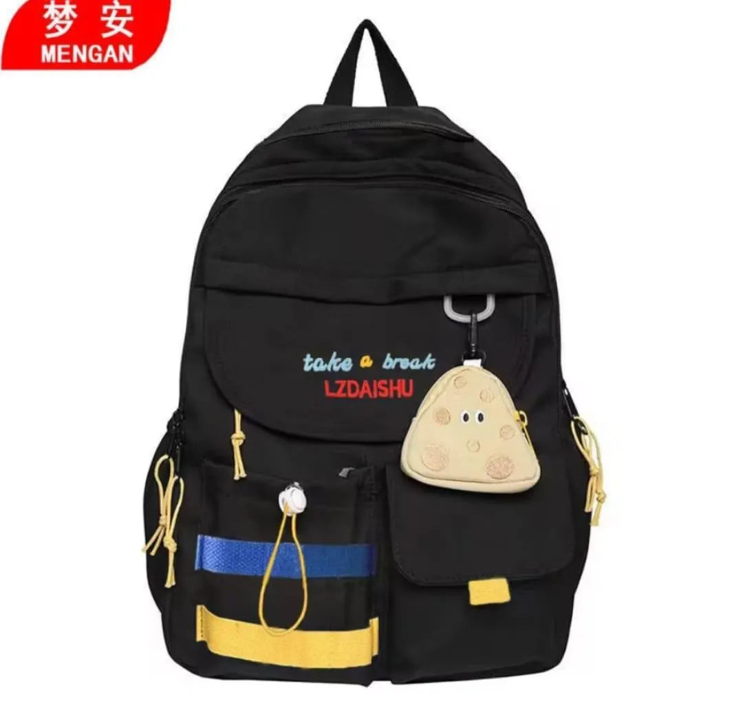Black Student Backpack with Cookie Charm & Nylon Material
