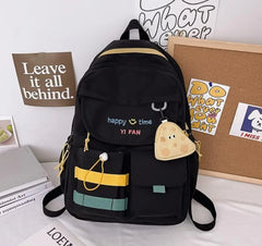 Black Student Backpack with Cookie Charm & Nylon Material