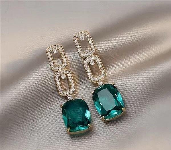 Modern Square Earrings Green Gemstones Alloy Pakistani Women
