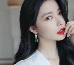 Modern Square Earrings Green Gemstones Alloy Pakistani Women