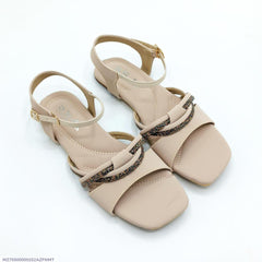 Beige Rexine Sandals with Beaded Strap, Size 7-11