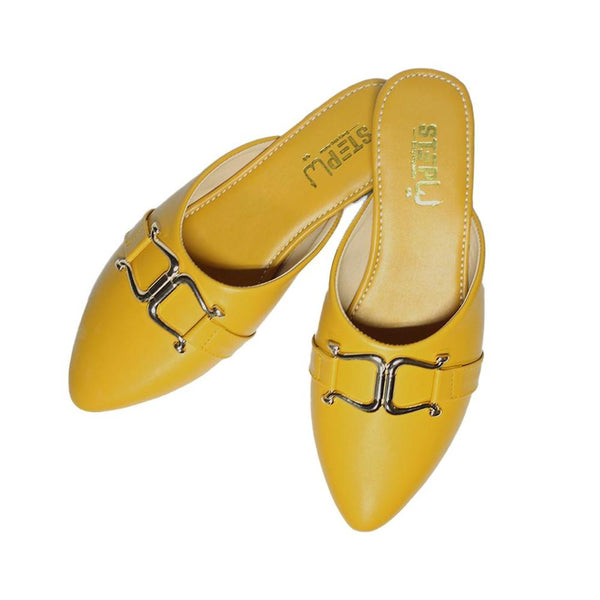 Yellow Women's Flat Shoes with Metal Buckle & Rexine Material