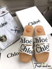 Chloé Women's Off-White Flat Shoes with Black Lettering