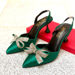 Green Synthetic Leather Heels for Women with Rhinestone Bow