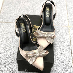 Off-White Bow Heels for Women Synthetic Leather Formal Party Wear