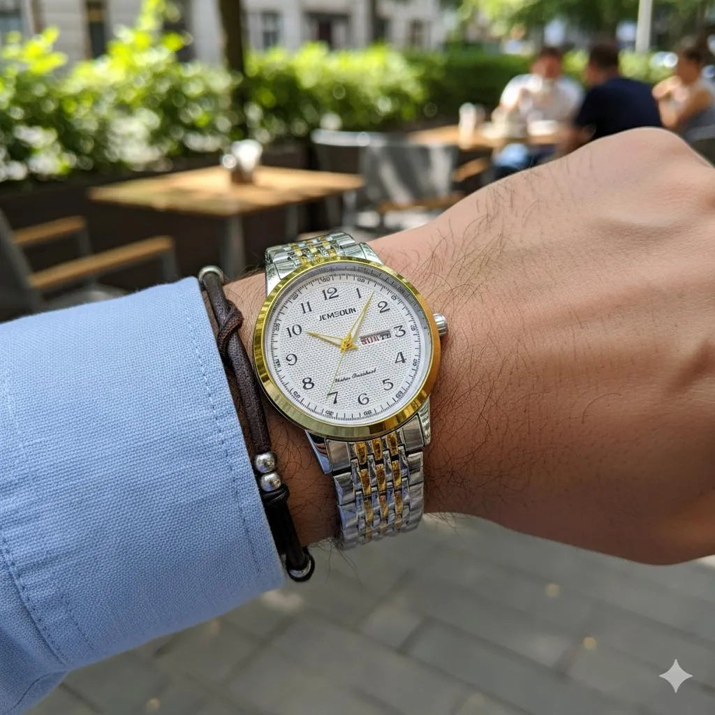 Men's Quartz Watch Stainless Steel Gold Bezel Water Resistant
