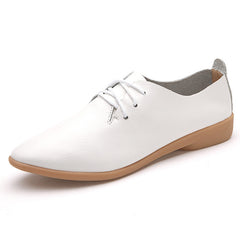 White Leather Lace-Up Flat Shoes for Women