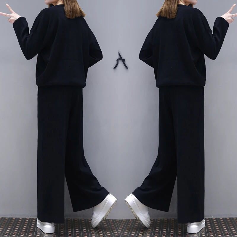 Women Black Wide Leg Pants Set Plus Size Spring Wear