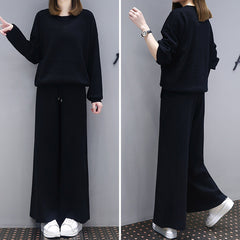 Women Black Wide Leg Pants Set Plus Size Spring Wear