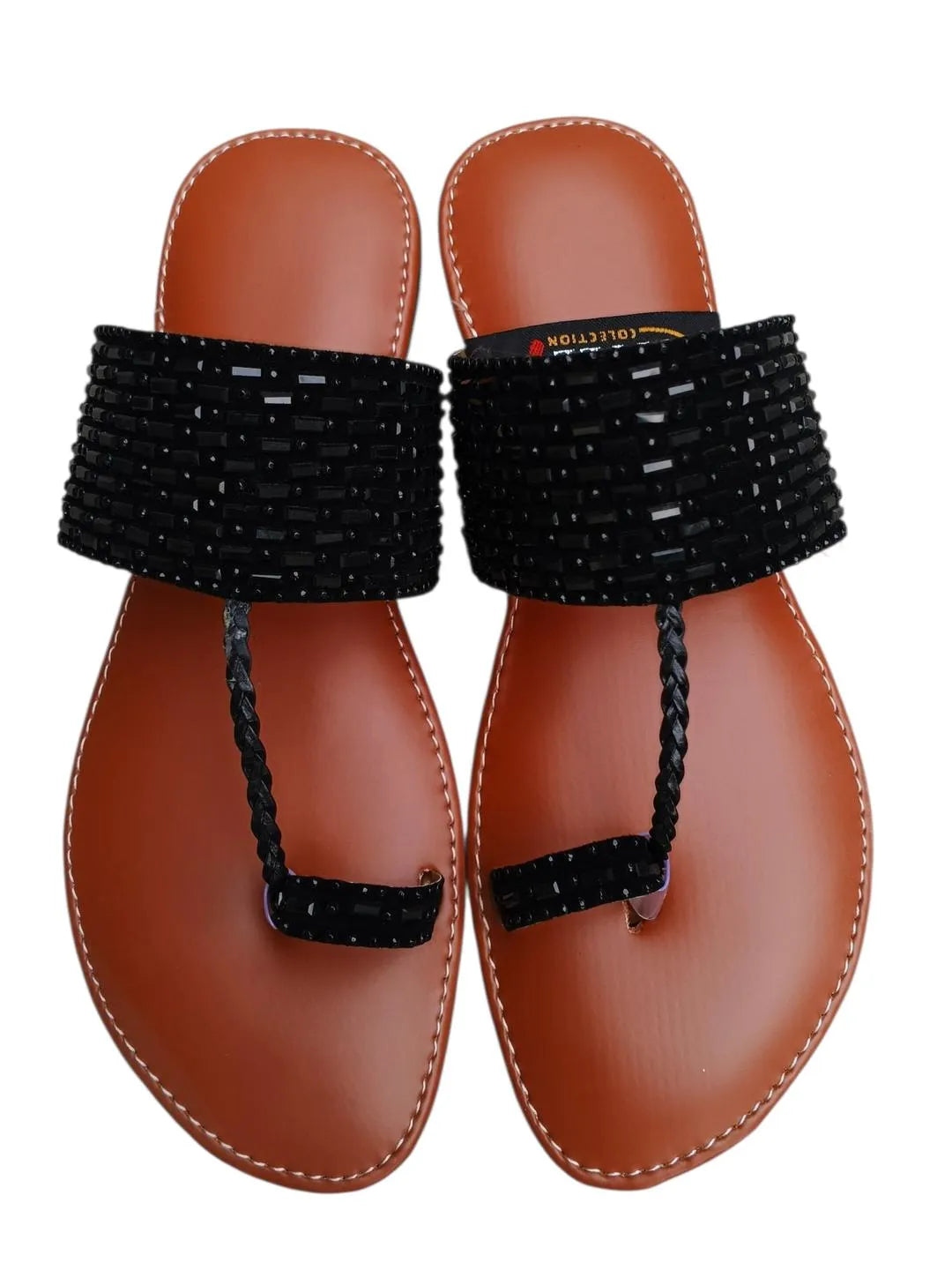Women's Black Beaded Sandals Flat Casual