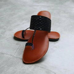 Women's Black Beaded Sandals Flat Casual