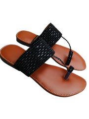 Women's Black Beaded Sandals Flat Casual