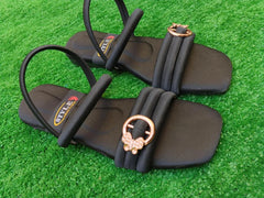 Women's Black Gold Plated Flat Sandals