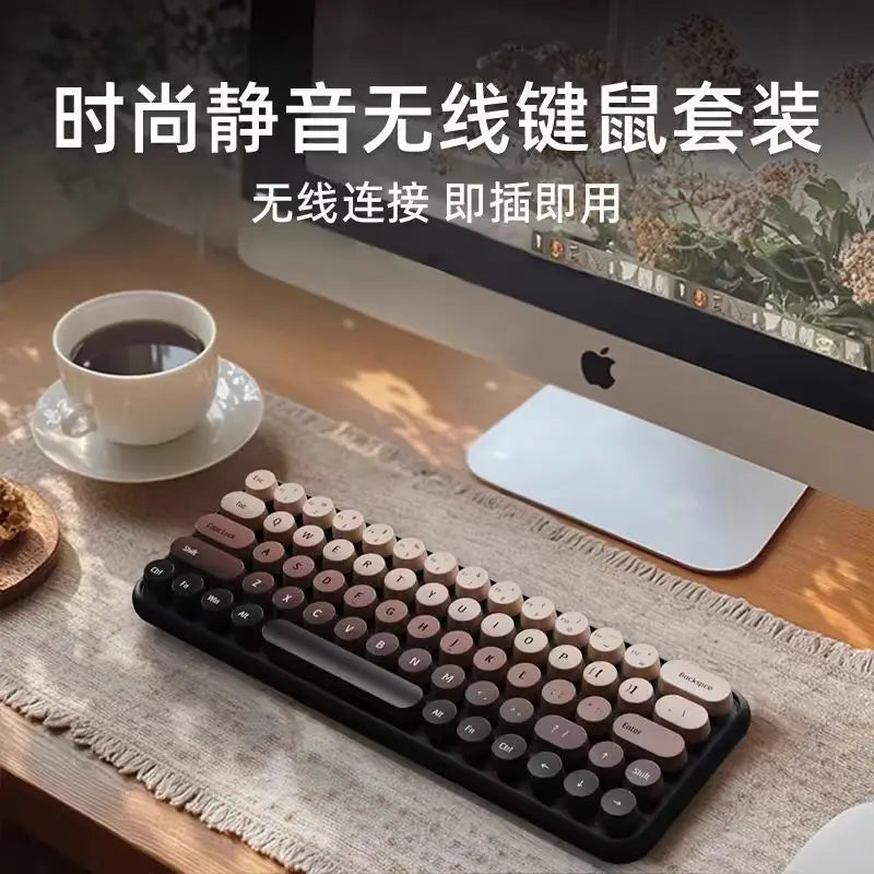 Girls' Office Three-Mode Wireless Bluetooth Keyboard and Mouse Set Gradient Color Computer Notebook Portable Wireless Keyboard