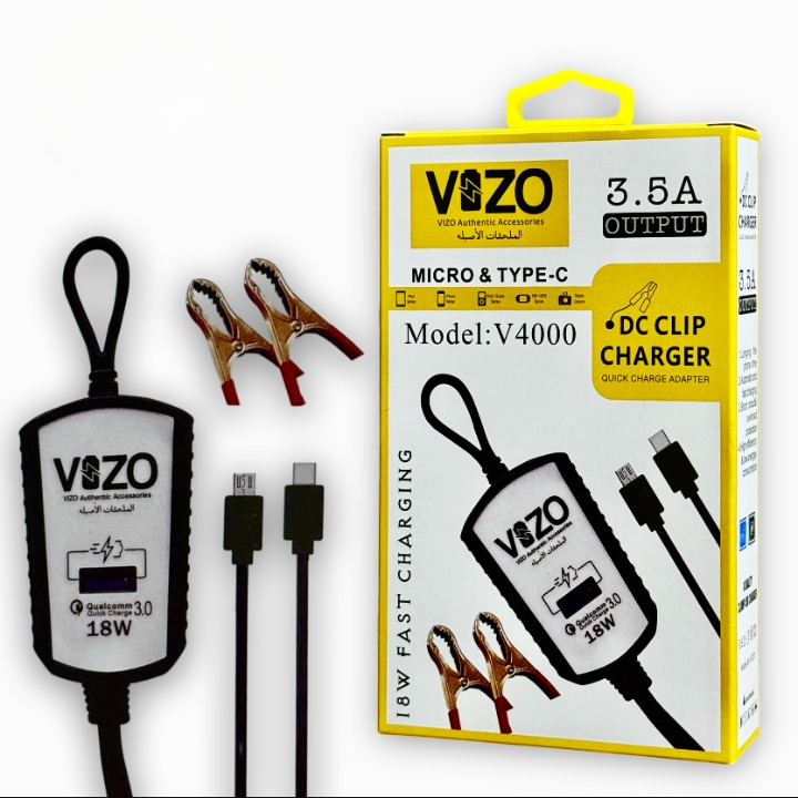 V4000 Dual Cable Clip Charger | Best Quality Type C Charger - 18W Charger - Vizo Charger | DC Clip Charger with Micro & Type-C Cable - 3.5 A