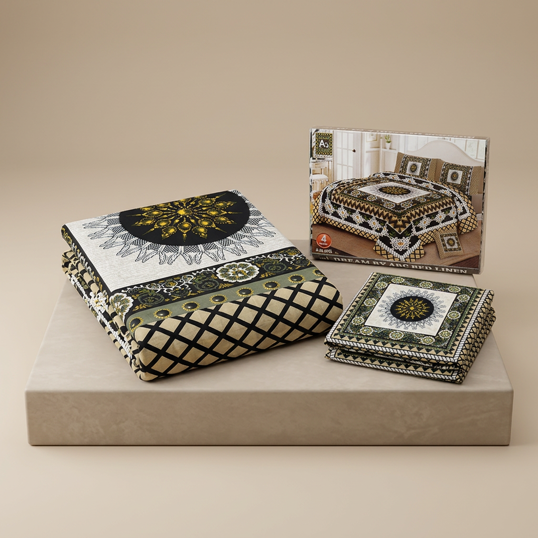Double Bedsheet Set Crystal Cotton Black Gold Print