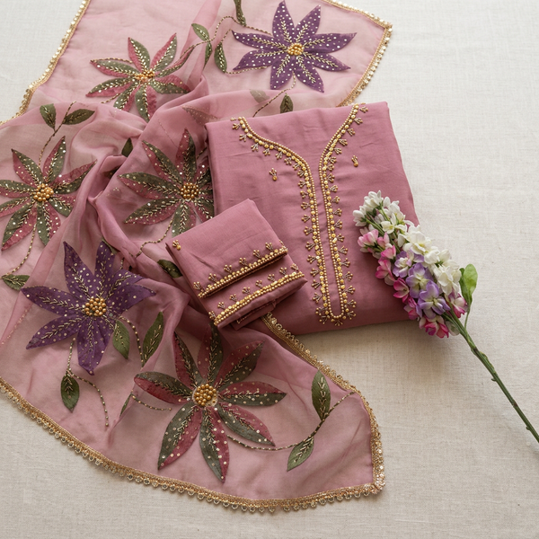 Pink Organza 2-Piece Wedding Suit with Zari Beads Dupatta
