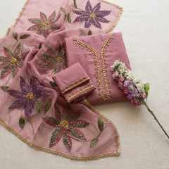 Pink Organza 2-Piece Wedding Suit with Zari Beads Dupatta