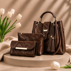 3 Pcs Luxury Women Handbag Set | Premium Leather Tote Bag with Shoulder Bag & Wallet | Stylish Designer Purse Set | All Colours.