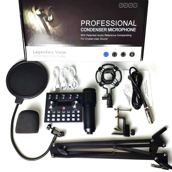 V10 BM-800 Podcast Condenser Microphone Set with Live Sound Card & Adjustable Scissor Arm Stand