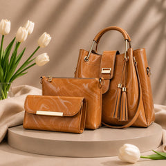 3 Pcs Luxury Women Handbag Set | Premium Leather Tote Bag with Shoulder Bag & Wallet | Stylish Designer Purse Set | All Colours.