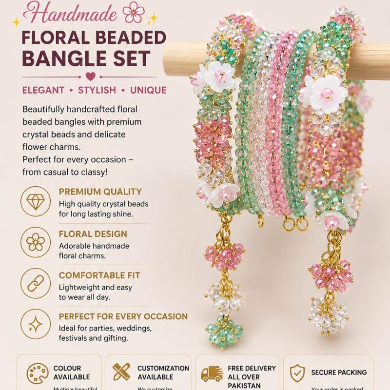 Luxury Handmade Floral Beaded Bangle Set | Elegant Crystal Bracelet for Women | Custom Gift | Wedding & Party Jewelry