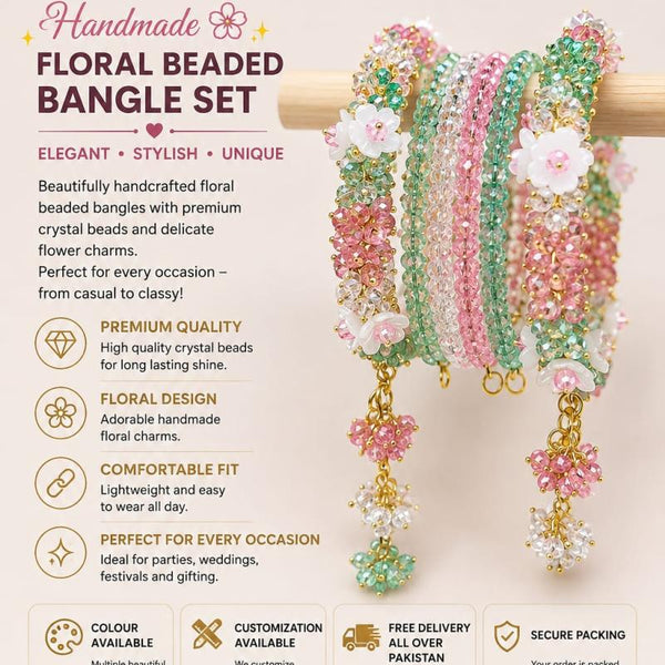 Luxury Handmade Floral Beaded Bangle Set | Elegant Crystal Bracelet for Women | Custom Gift | Wedding & Party Jewelry