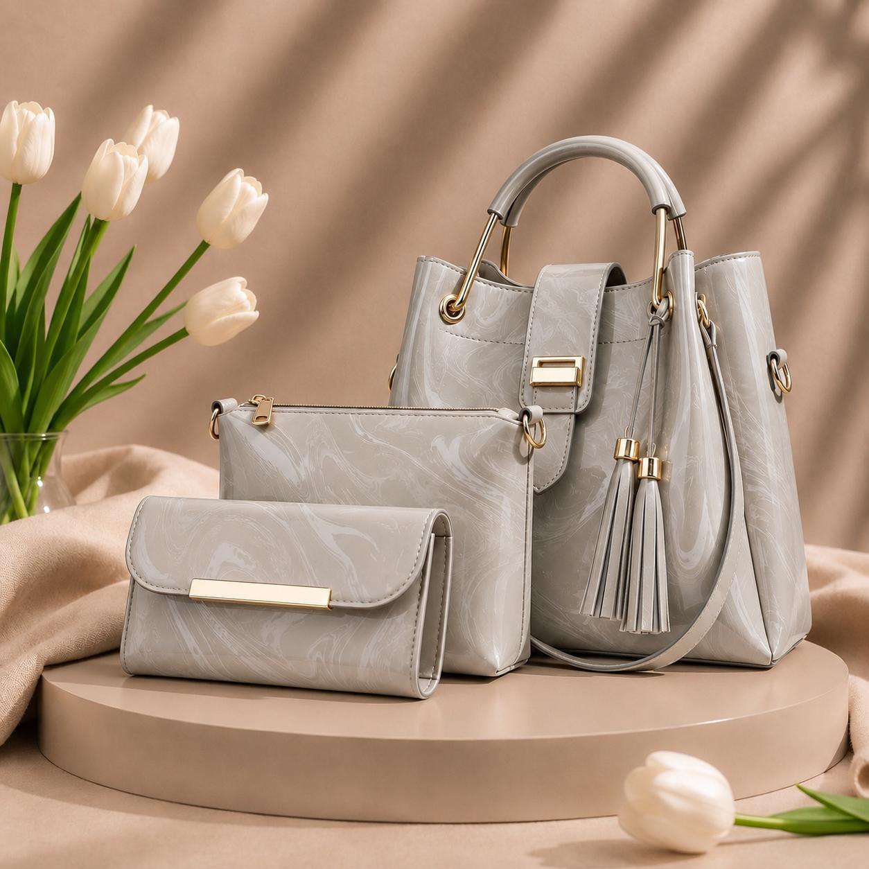 3 Pcs Luxury Women Handbag Set | Premium Leather Tote Bag with Shoulder Bag & Wallet | Stylish Designer Purse Set | All Colours.