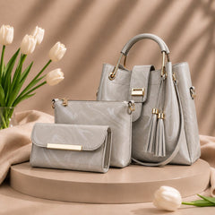 3 Pcs Luxury Women Handbag Set | Premium Leather Tote Bag with Shoulder Bag & Wallet | Stylish Designer Purse Set | All Colours.
