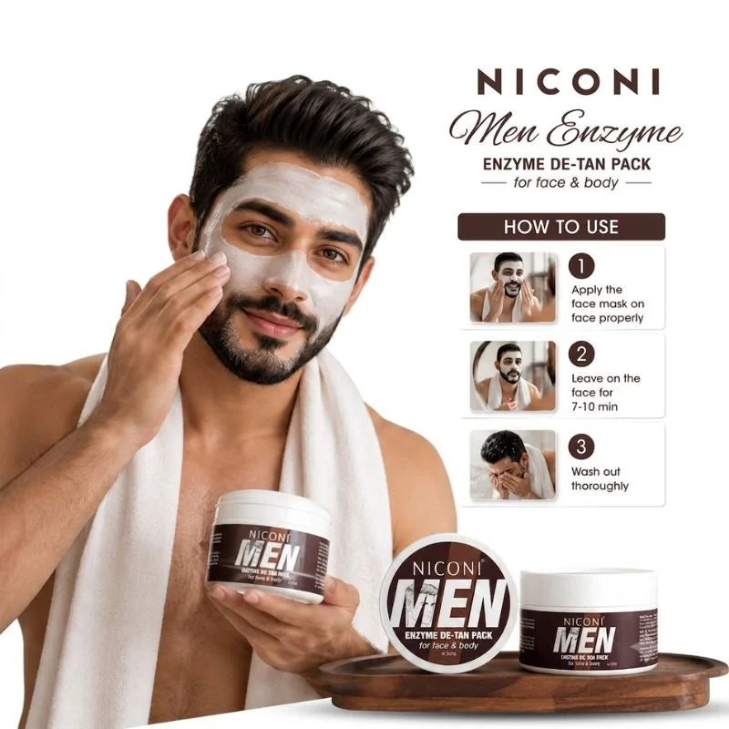 NICONI Men Enzyme De-Tan Pack for Face & Body | Deep Cleansing & Tan Removal Cream | Brightening & Hydrating Formula | For All Skin Types | 300g